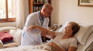 Fisioterapeuta realizando mobilização de membro superior em paciente idosa acamada em atendimento domiciliar